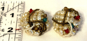 60's Beaded Faux Pearl Cluster Earrings Clip-On Gold Tone Jewelry