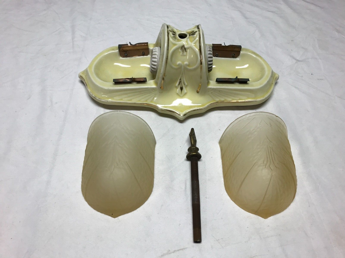 VTG Art Deco Porcelain Ceiling Light Amber Stained Glass