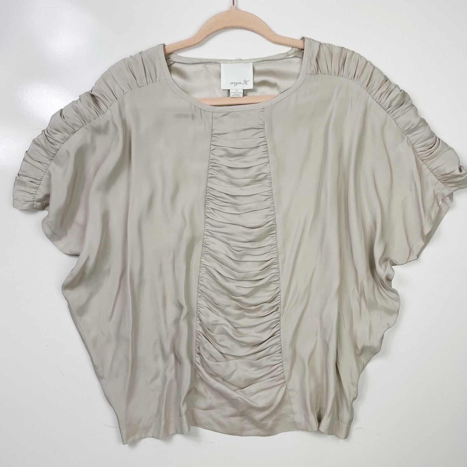 Aryn K Women's Silk Taupe Ruched Blouse Size Medi… - image 2