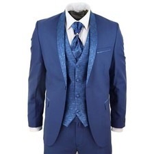 Mens 4 Piece Wedding Suit Groom Shawl Collar Vintage Blue Cravat Tailored Fit