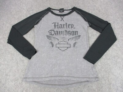 #ad Harley Davidson Shirt Top Womens Medium Gray Black Abilene Texas Rhinestones #x27; $3.90