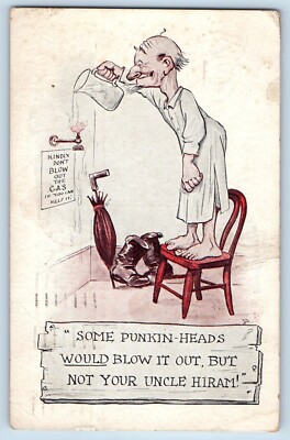 Humor Postcard Old Man Putting Water Gas Light Springfield Illinois IL 1913