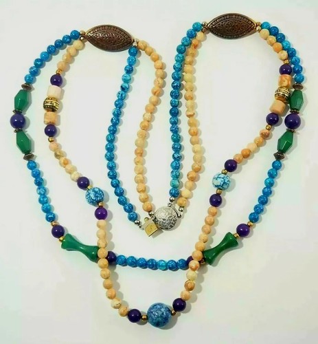 VTG Bohemian Artisan NECKLACE Stone Glass Beaded Double-Strand Multi-colored 30" - Picture 3 of 15