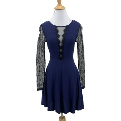 Astr the Label Fit & Flare Lace Sleeve Dress Womens S Small Navy/Black Back  Zip | eBay