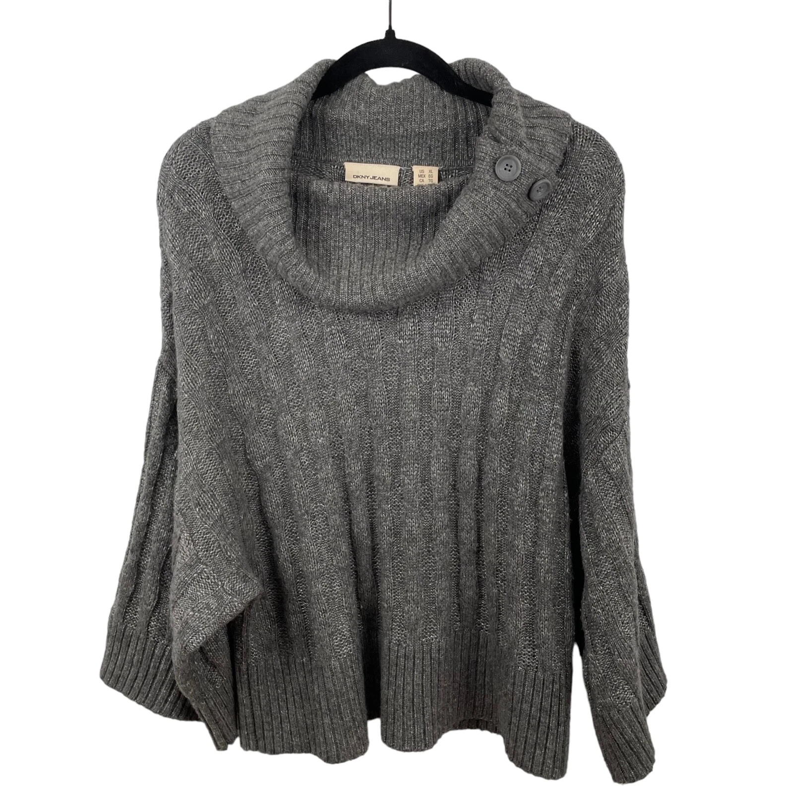 DKNY Womens Sweater Gray XL Nylon Wool Blend Cowl Neck Button Accent Poncho