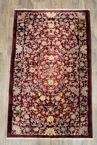 Antique handwoven art deco Chinese burgundy rug size 3'11"×6'5" circa 1920s