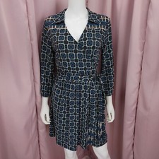 Talbots Women's Geometric 3/4 Sleeve V-Neck Collared Belted A-line Dress 8