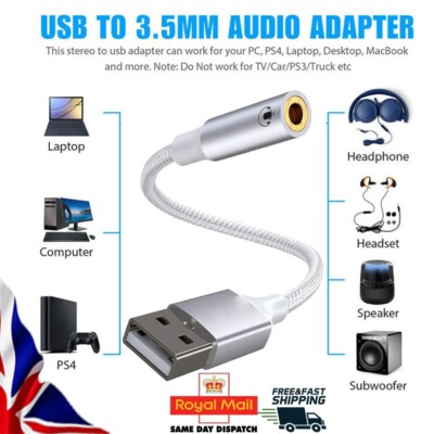USB to Aux Audio Jack Cable Adapter Headphone For PS4 PS5 PC Mac  Laptop UK