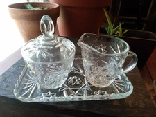 Vtg. Anchor Hocking STAR OF DAVID Cream and Sugar Bowl Glass Lid W/ Under Plate