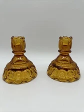 Vintage L.E. Smith Moon and Star Stars Amber Taper Candle Holders Set Of 2