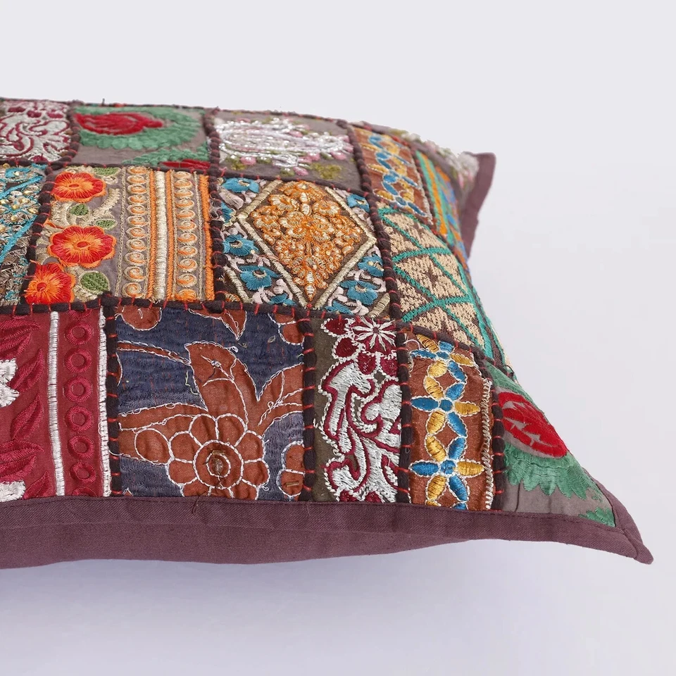 Indian Handmade Boho Patchwork Cushion Vintage Brown Throw Pillow Cover 40x60 cm - Image 2 of 4
