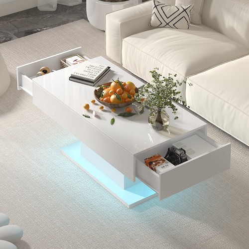 High Gloss Coffee Table LED Lights Cocktail Sofa Table for Living Room White - Picture 8 of 13