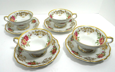 Edelstein Bavaria Rosalind Maria Theresia Cups Saucers Set of 4 Pink Yellow Rose