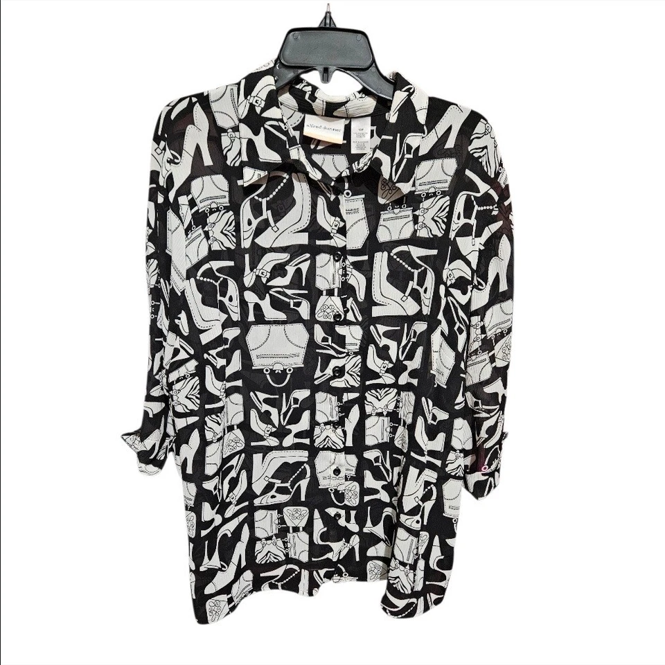 Alfred Dunner Mujer Negro Zapato Bolso de Mano Estampado Transparente Camisa Abotonada Blusa 18W Foto 2 de 4
