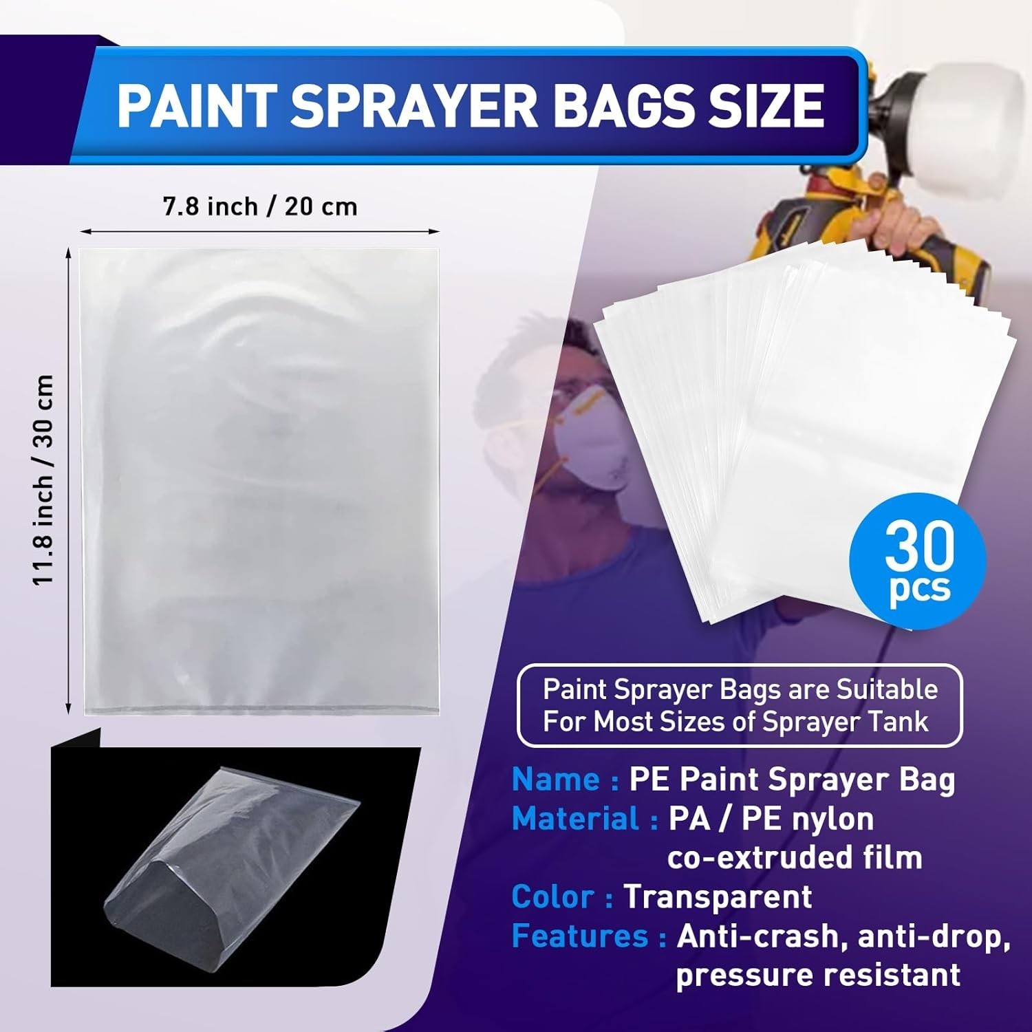 30 Pcs Paint Sprayer Bags, 7.8'' X 11.8'' Sprayer Cup Liners, Transparent Spr...