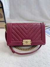 Chanel Medium Boy Flap Burgundy Chevron Caviar Gold HW Shoulder Bag Auth