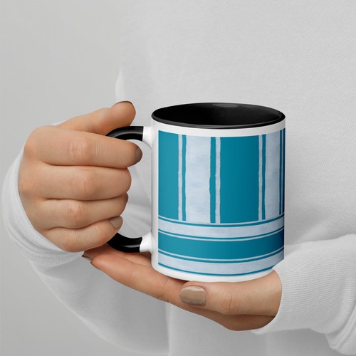 Tasse à café en céramique 11 oz blanc sarcelle rayé | Coupe de plage océan nautique côtier - Photo 11/30