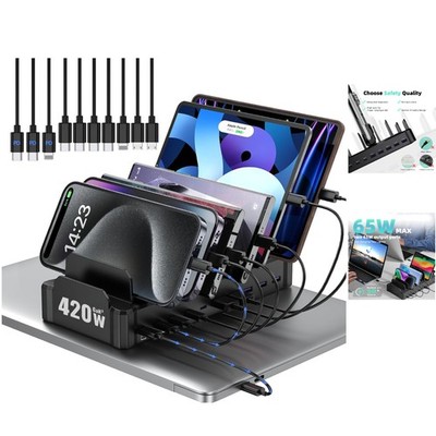Durable 420W USB-C Fast Charger Station with Secure Cable Management - Black