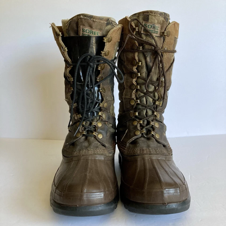 复古 Sorel Kaufman 系带狩猎靴 加拿大皮革迷彩 Upper Duck 男式 8 FLAW — 第 2/4 张图片