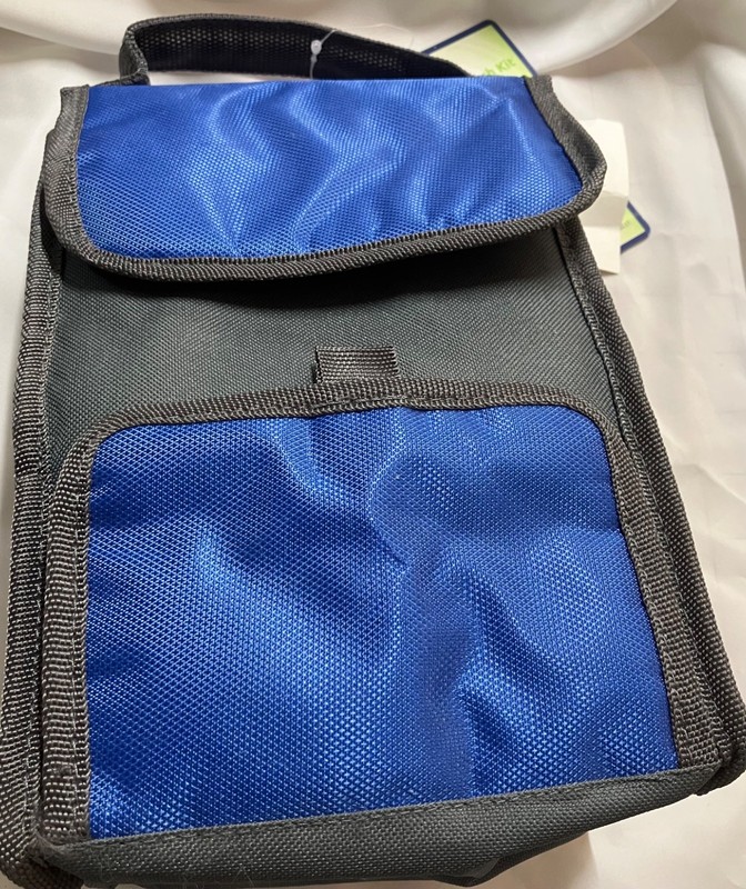 LUNCH BAG INSULATED ROYAL BLUE/GRAY/HAND HOLDER/SECRET TRAP DOOR/NWT