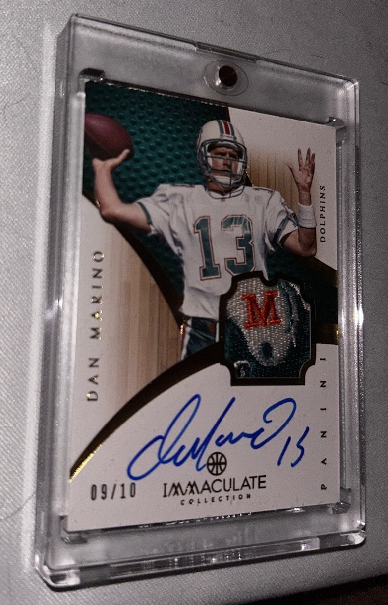 DAN MARINO DOLPHINS GAME USED LOGO PATCH IMMACULATE ON CARD AUTO SP #’d 9/10 ! view 4