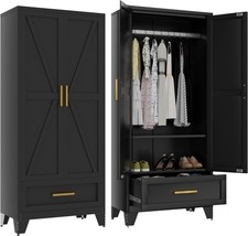 MY 71" Farmhouse Metal Wardrobe Armoire W/Drawer and 2 Barn Doors,Hanging Rod
