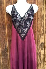 Vtg 70 Adonna Long Sweeping Nightgown L Tall Burgundy Red Black Lace Romantic T8