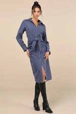 Lulus Autumnal Views Dark Blue Suede Button-Up Tie-Front Midi Dress Size M New