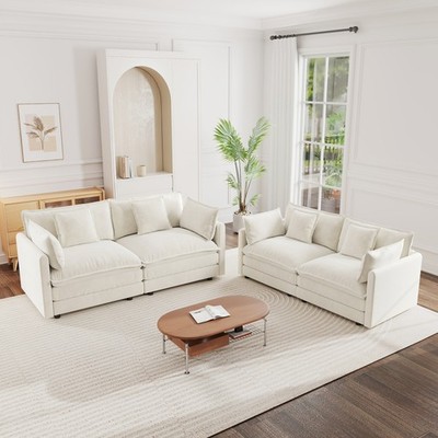 2-Piece Chenille Sofa Set w/ 2 Loveseats, White, Living Room Couch & Lounge