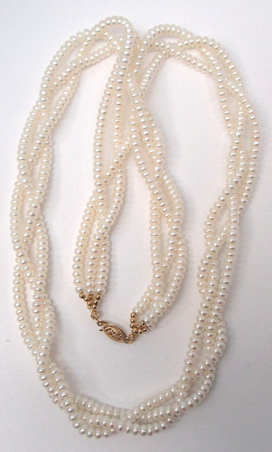Vintage 14k Yellow Gold Filigree Natural 4.5mm Pearl Twisted Strand Necklace 24" - Image 1
