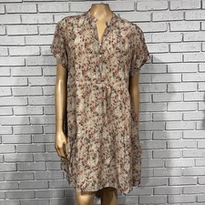 Reistor Tan Red Floral Tiered Babydoll Mini Dress XL Short Sleeve Split Neck
