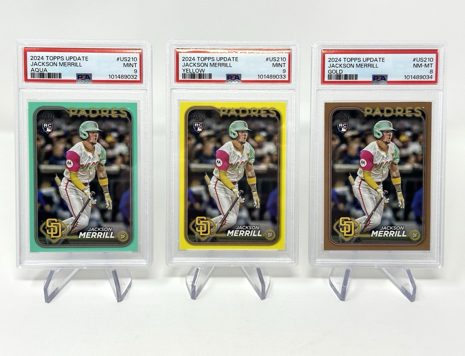 2024 Topps Update Jackson Merrill US210 RC Yellow Teal & Gold /2024 Lot PSA 9, 8