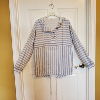 Hem & Thread Blue & White Cotton Striped Beach Pullover Hoodie Women's MEDIUM