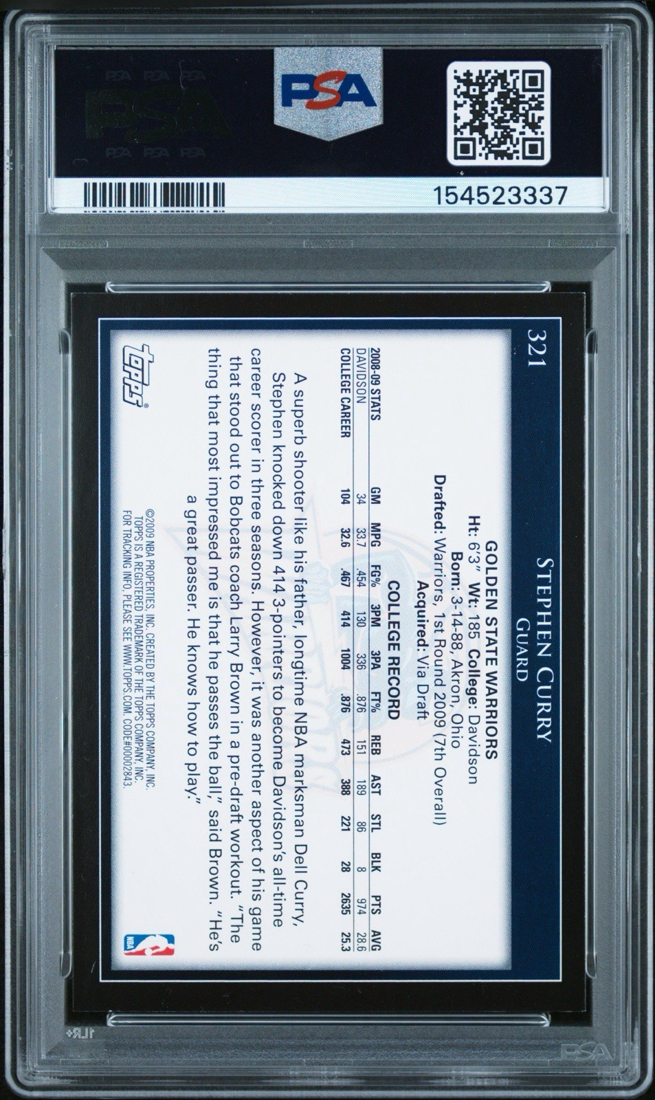 2009-10 Topps - Stephen Curry #321 (RC) PSA 7 Golden State Warriors Rookie view 2