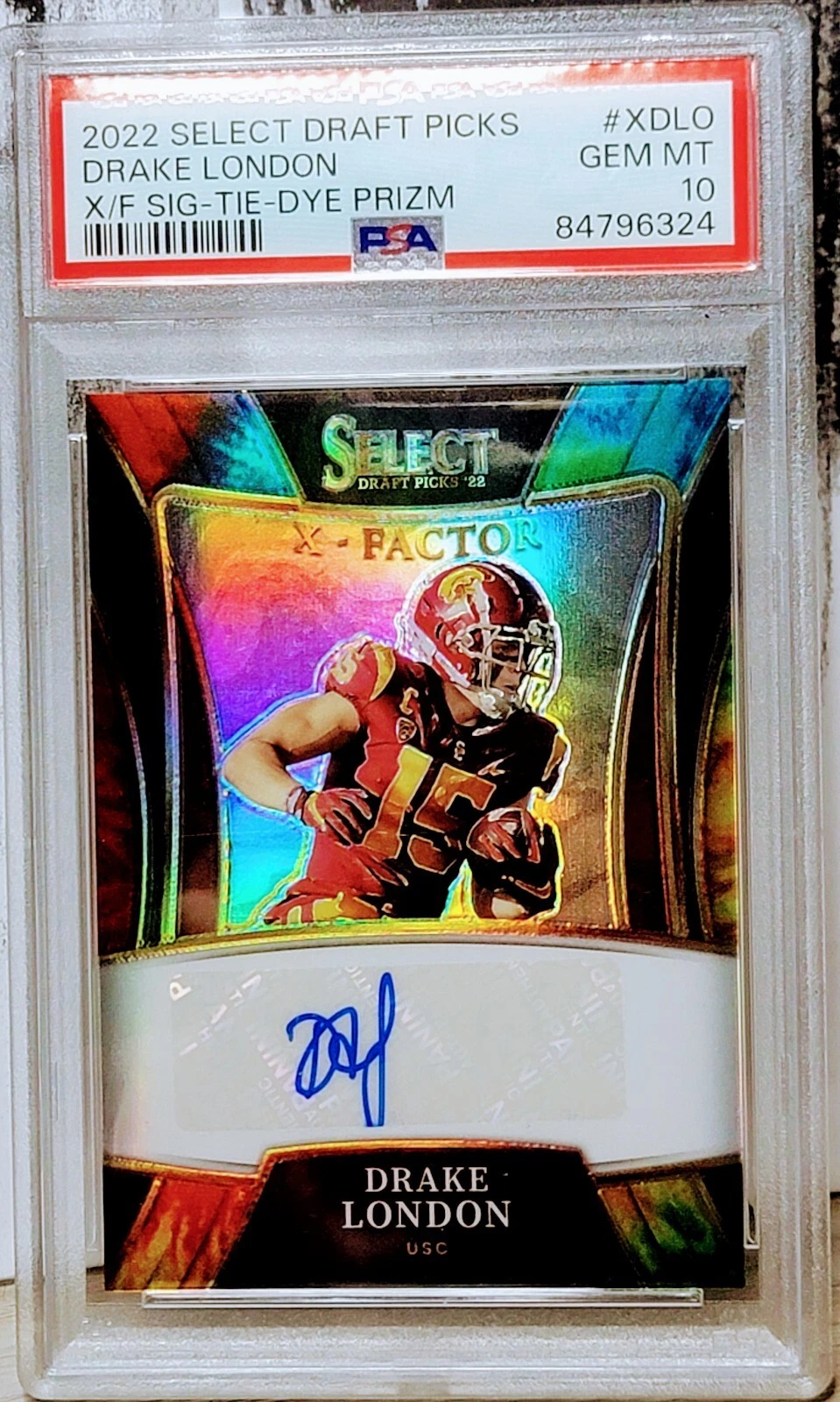 Drake London Panini Select Draft Picks X-Factor Signatures #XDLO Tie-Dye Prizm