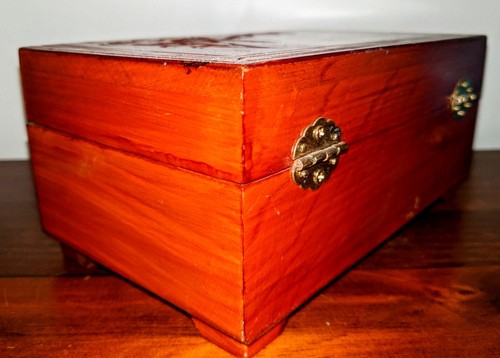Vintage Asian Brass & Wooden Jewelry Box Carved Temple 7.5" - Picture 3 of 4