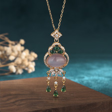 Jade Crystal Pendant Necklace Charm Gold Plated Chain Flower Dainty Gemstone