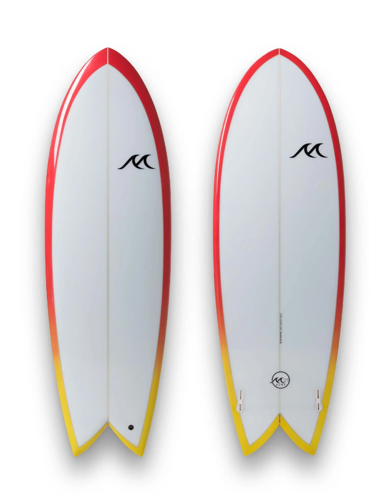 6'10" x 22.5" x 3.1" 56L Retro Fish Twin Fin Shortboard Surfboard Sunburst