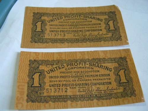 UPSC United Profit Sharing Corporation Two "1" Coupons w/ Consec Serial #s  #20
