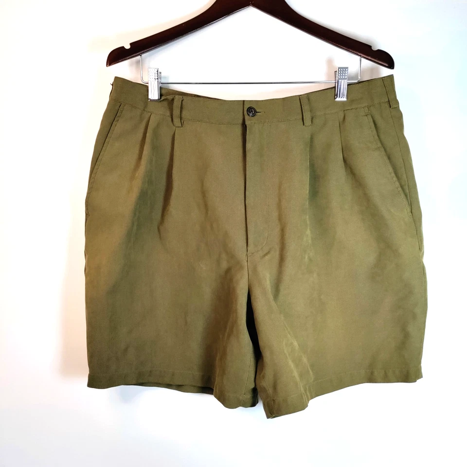 Andrew Fezza Hombres 38 Oliva Tejido Plisado Negocios Golf Informales Pantalones Cortos Viaje Playa Foto 3 de 4