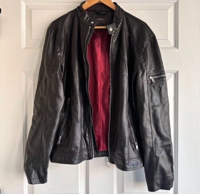 Black Zara Leather Bomber Jacket M biker moto coat Silver Zipper Red Interior