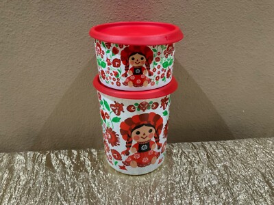 Tupperware Beautiful New Red Maria Doll Theme Set of 2 Canisters 1.3L and 575ml
