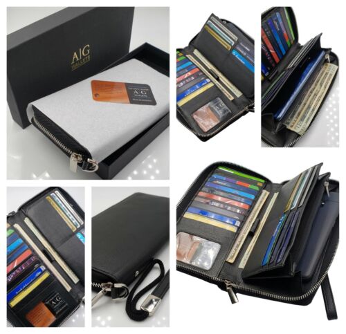 AG Wallets Women's RFID Blocking Leather Zip Around Wallet Clutch Wristlet Large - Picture 1 of 41