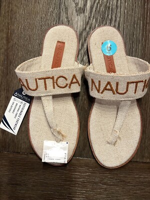 Nautica Women's Natural Canvas Logo Strap Thong Soft Bed Slide