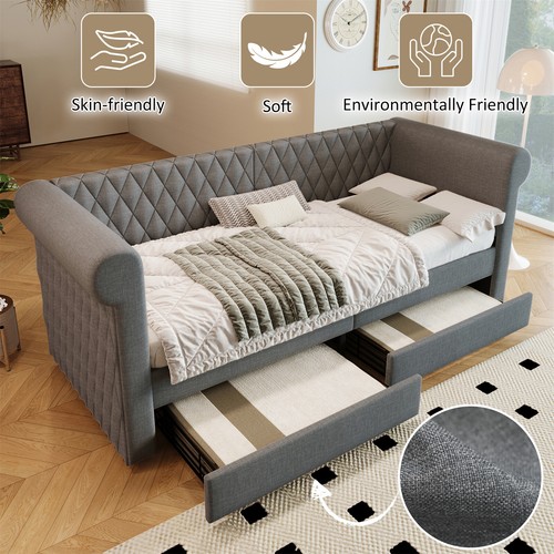 Daybett Polsterbett Tagesbett Chesterfield Schlafsofa 90x200cm mit Stauraum Grau - Bild 4 von 9