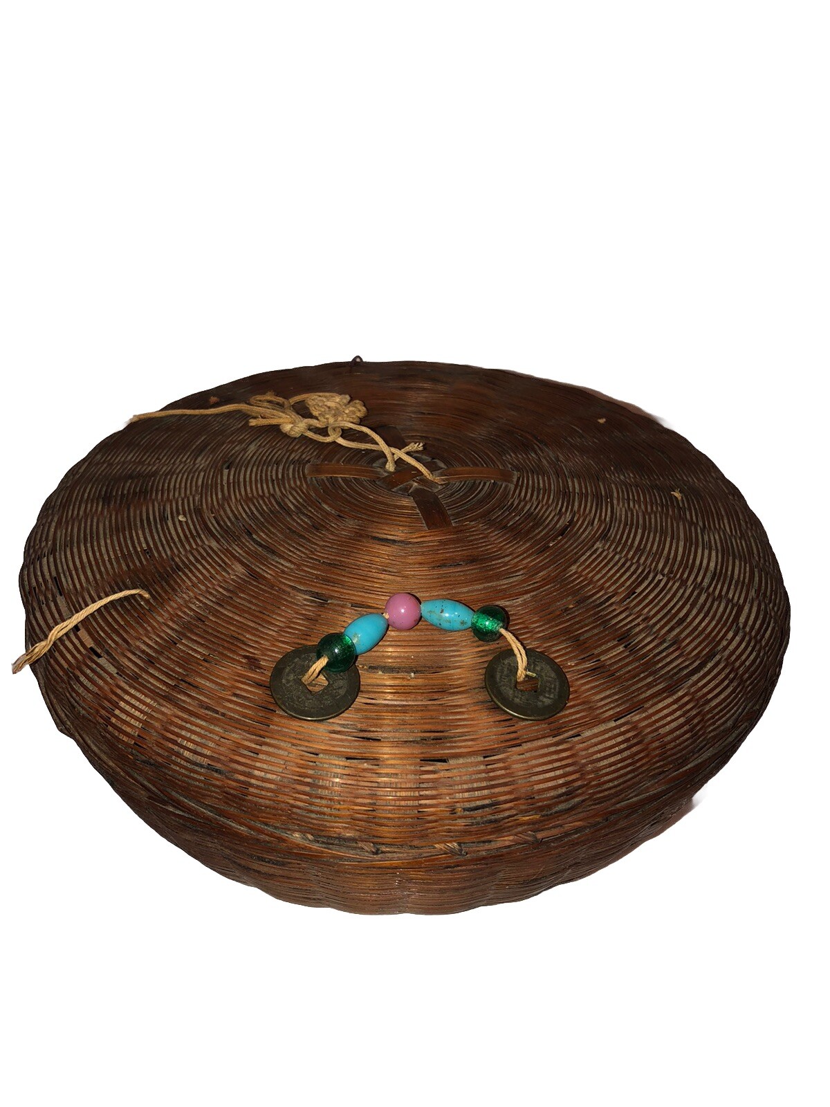 10” Round Native Antique Woven Pine Needles Chinese Sewing Basket Fun