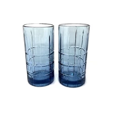Anchor Hocking Tartan Plaid Cobalt Blue 16 oz Tumblers Squares Pair  (2) Exc Con