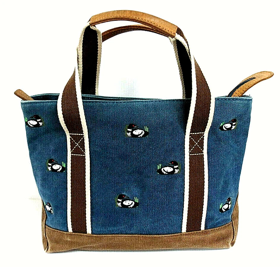 Vintage LL Bean Boat & Tote Bag - Fishing Hunting Loon Duck Embroidery & Leather