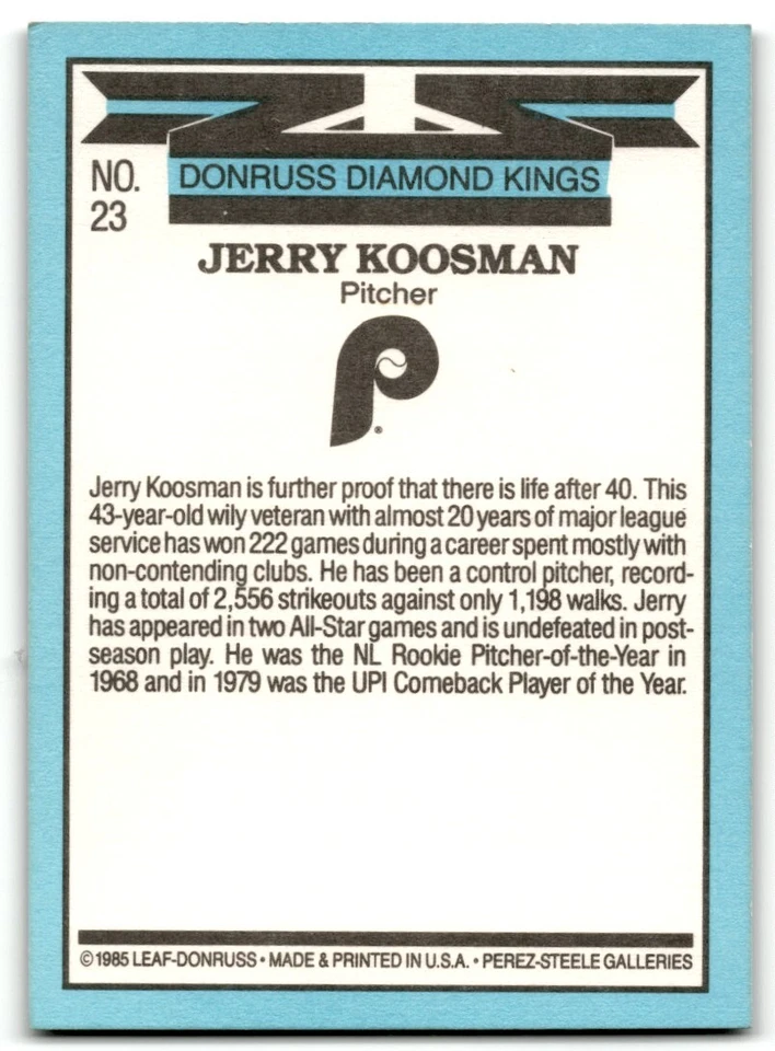 1986 Donruss Diamond Kings Jerry Koosman Philadelphia Phillies #23 - Image 2 of 2