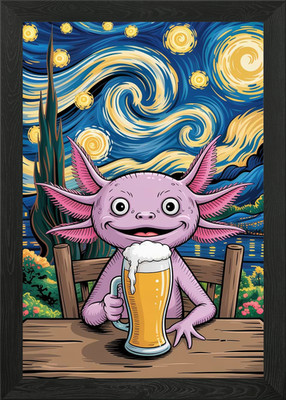 Sternennacht Axolotl genießt Bier gerahmtes Wandbild Poster Leinwanddruck Bild